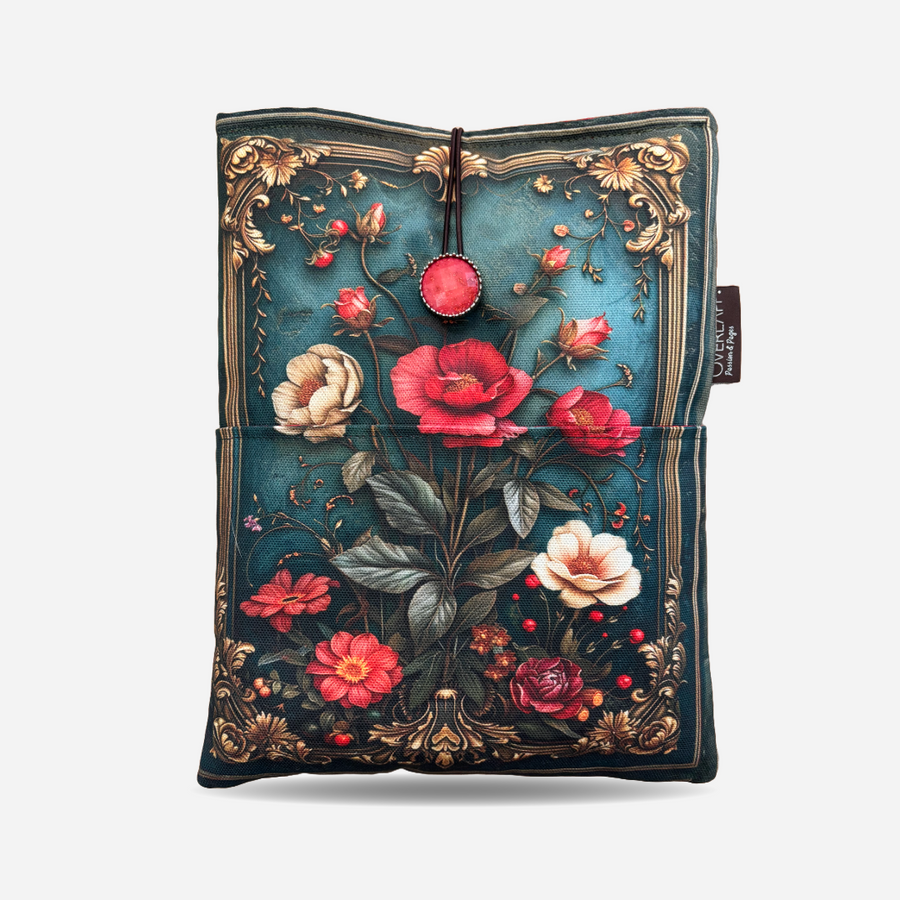 Bogpose booksleeve romance romantisk blomster feminin roser knap lomme overlapp_2 størrelser