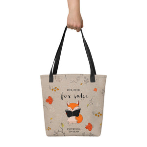Stor Mulepose med sødt bookish print – "For Fox Sake, I’m Trying to Read"
