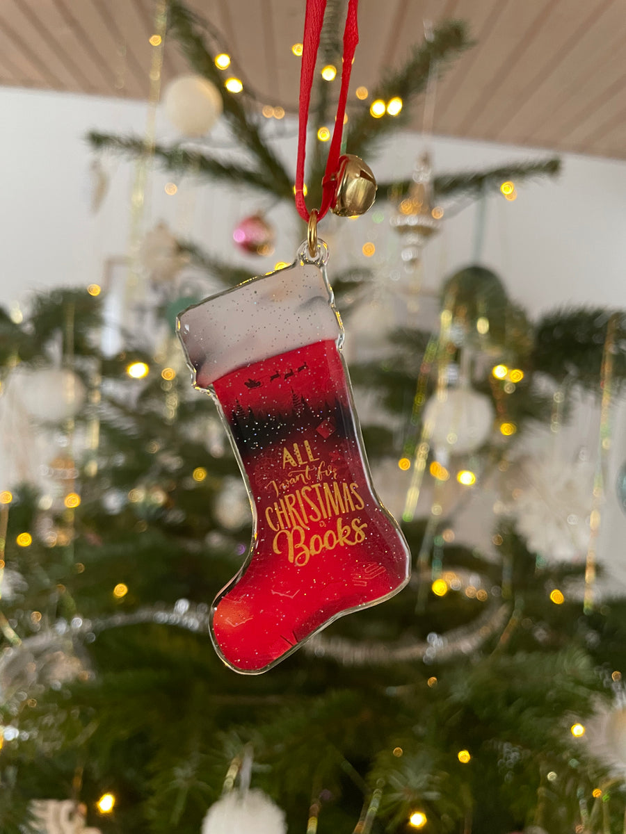 Julepynt med bøger - Red Stocking (All I want for Christmas is Books)
