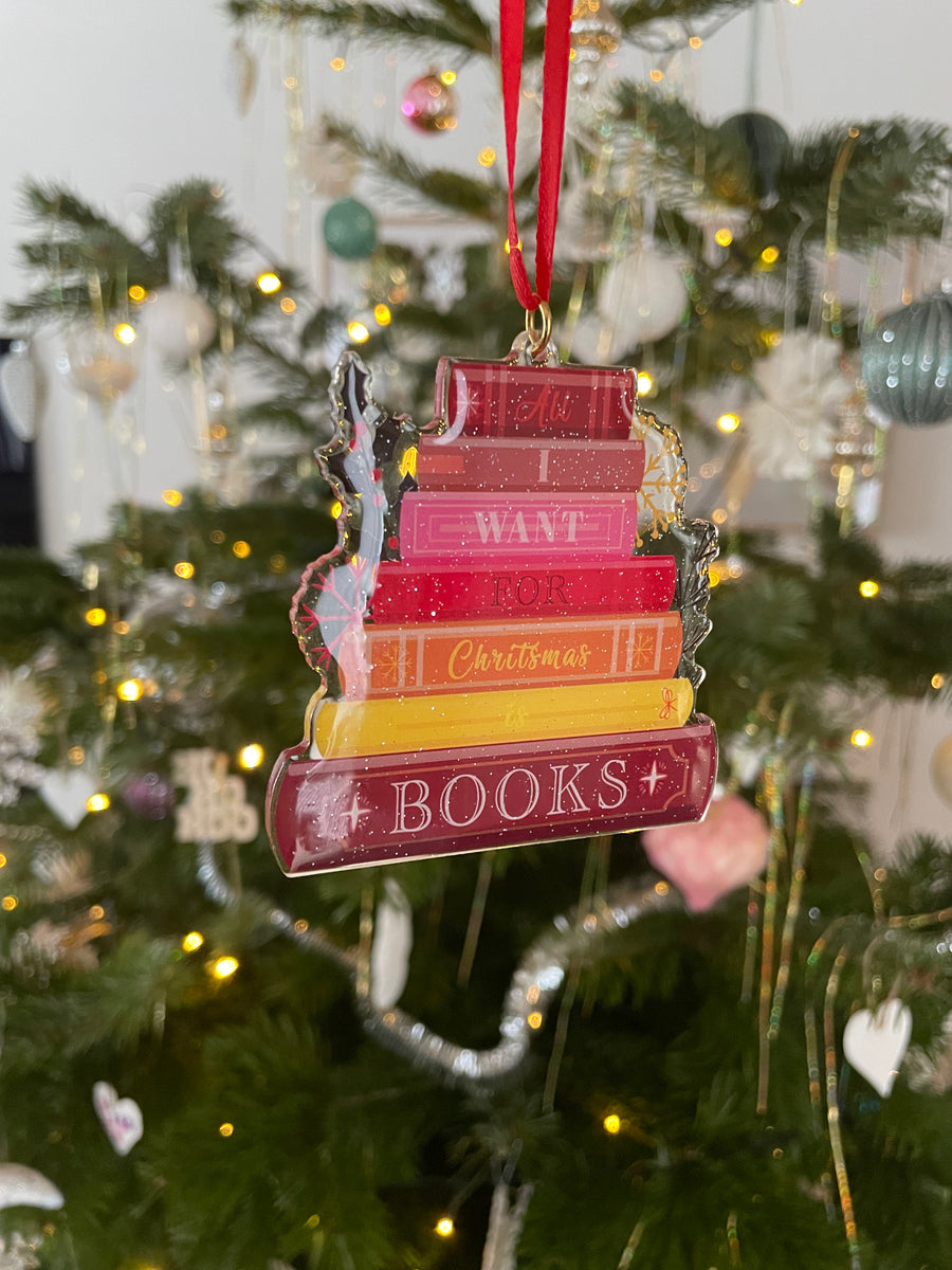 Julepynt med bøger - All I want for Christmas is Books - Bogstak