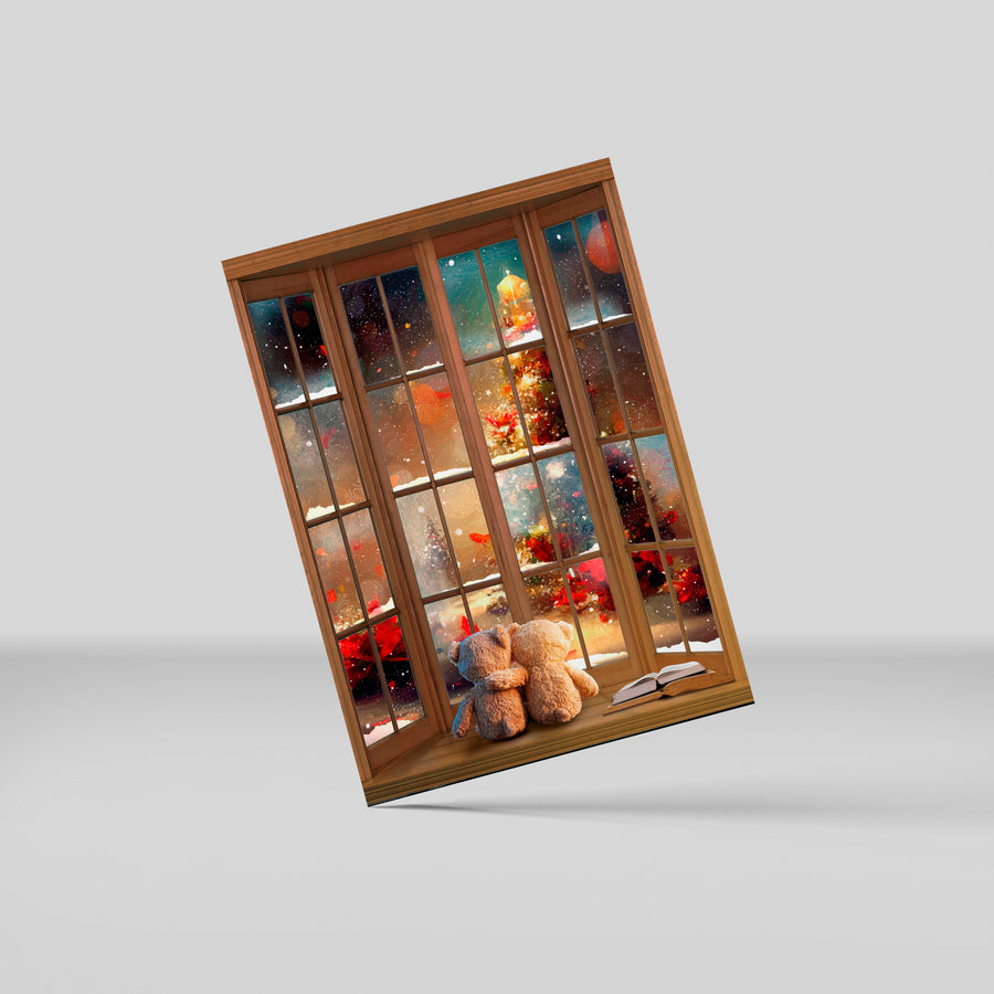 Postkort - Window view (Teddy friends, Chrsitmas)