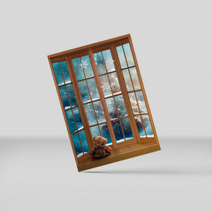 Postkort - Window view (Teddy alone, Snowing)