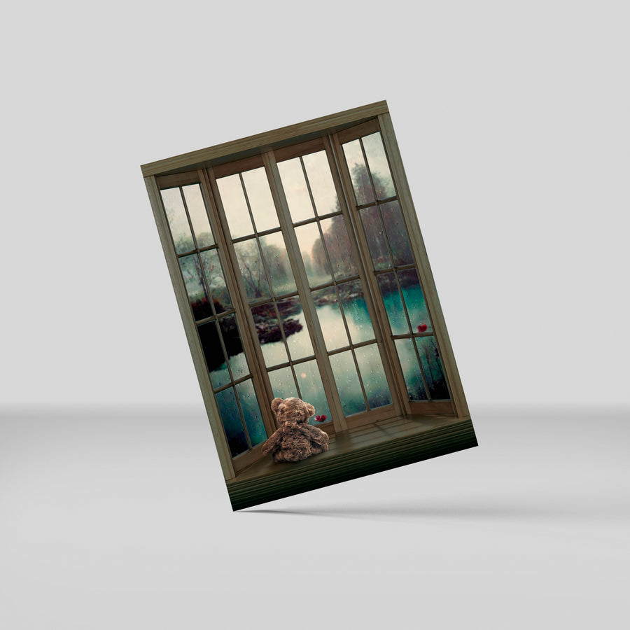 Postkort - Window view (Teddy at lake)